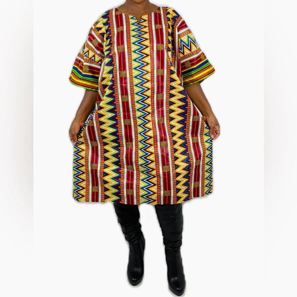 Multicolor Chevron Zigzag Notch Neck Cotton Midi Shirt Handmade Kaftan Dress
